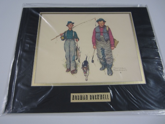 Normal Rockwell "Two Old Men and Dog Fishing" 1970s matted 8x10 lithograph COA