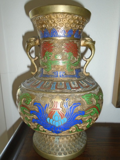 DOUBLE HANDLED BRASS URN WITH ENAMEL DESIGN