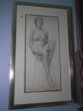 Framed Charcoal sketch of a nude woman sitting on a stool.