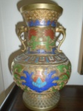 DOUBLE HANDLED BRASS URN WITH ENAMEL DESIGN