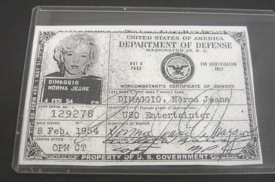 Jeane Norma Dimaggio USO Entertainer Noncombatant's Certificate of Identity