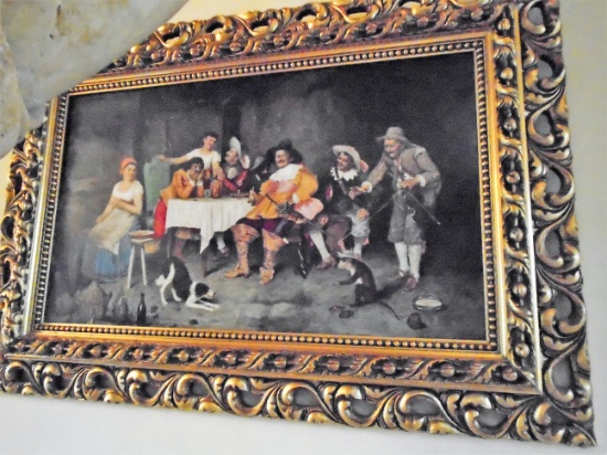 Large Antique Porcelain Plaque of Tavern scene of Cavaliers with Swords.