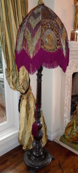 Large French floor lamp, maroon lampshade with fringe