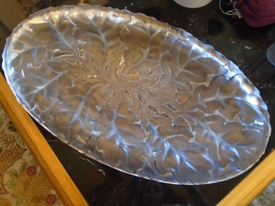 Lalique France clear & opalescent crystal art glass tray, leaf design.
