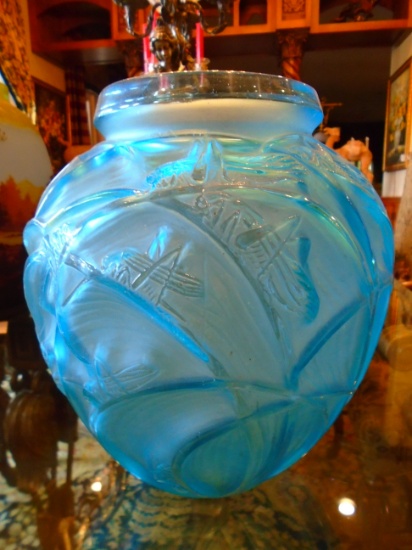 Lalique frosted blue crystal vase. Etched signature at the base.