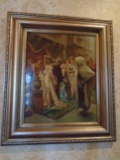 Oil Painting on porcelain in a gold frame. Depicts 9 figures.