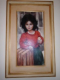 Oil Painting in a gold frame.  Depicts a young girl in a red shirt.