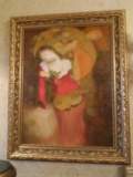 Oil Painting in a gold frame.  Depicts a woman with a violin.