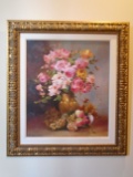 Oil Painting of flowers in a pot with grapes and peaches, in a gold frame.