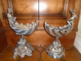 Pair of Antique silver compote bowls with male figures at the top holding a fork.