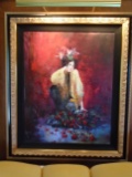 Oil painting of a woman in a fur coat picking up roses, in a gold & black frame.