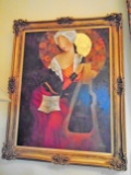 Oil painting in a gold frame, depicts a woman with an instrument.