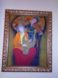 Oil painting in a gold frame, depicts 2 women playing instruments.