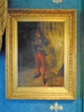 Antique Oil Painting in a gold frame, depicts a pirate in red tights holding a dagger.