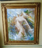 Oil Painting in a gold frame, depicts nude woman.