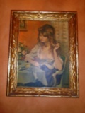 Painting in a gold frame, depicts a woman sitting at a table. Initialed by the artist BYF.