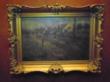 Antique Oil painting in a gold frame, depicts a landscape scene.