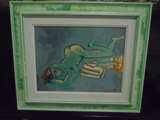Oil painting in a frame. Depicts nude figure.