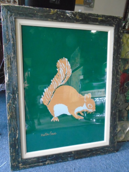 Framed wall art, depicts a squirrel with green background.