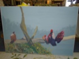 Oil painting on canvas. Depicts 4 birds sitting on a branch.