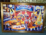 Framed painting. Depicts a circus scene.