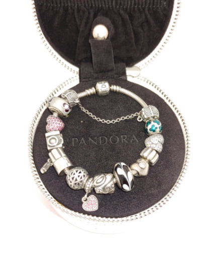 Authentic Womens Pandora Bracelet with 14 Authentic Pandora Silver 925 Charms