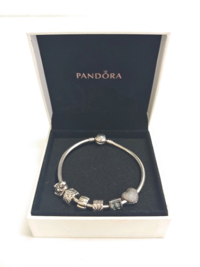 Designers Womens Pandora Bangle Bracelet with 6 Charm Charms and Box