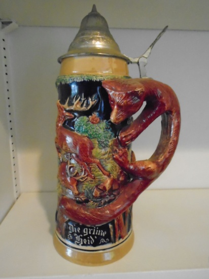 Beer Stein with a fox as the handle, animal scene.