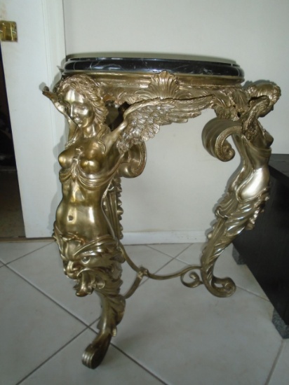 Fersai Interiores Side table with marble top & metal base with 3 Angels for legs.
