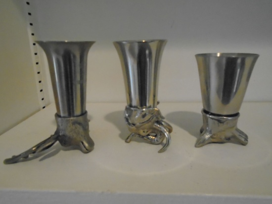Set of 3 English Pewter shot glasses with animal heads.