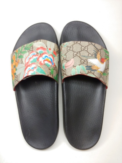 Mens Designer Gucci Black Tian Hummingbird Canvas Slides Sandals Size 8