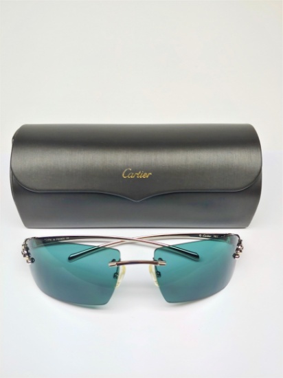 Designer Cartier 110 Panthere Rimless Frame Turquoise Lens Sunglasses w/ Case