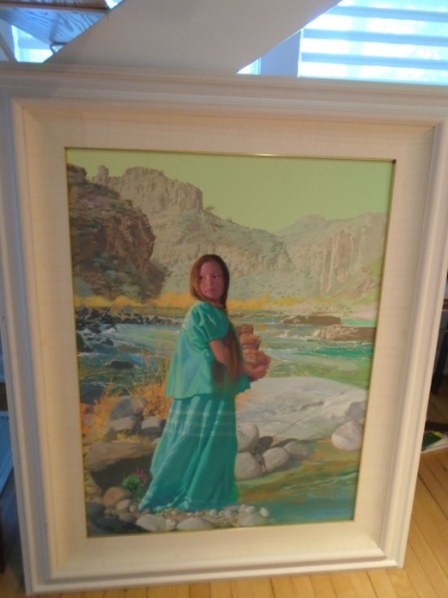 Young female in an aqua dress by the river, Oil on canvas.