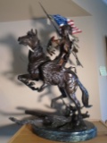 Indian holding a painted American flag on a rearing horse Bronze Sculpture