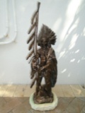 Indian chief standing holding a peace pipe & feathered staff, painted Bronze Sculpture