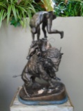 Indian, Horse & Bison, painted Bronze Sculpture