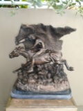 Indian holding a blanket while riding a running horse, painted Bronze Sculpture