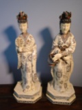 Pair of Carved and etched hippo ivory Chinese Females.