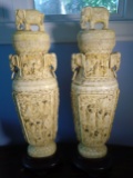 Pair of Carved and etched hippo ivory Vases with lids