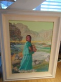 Young female in an aqua dress by the river, Oil on canvas.