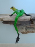 Spencer III Green, yellow & black frog (hangs from ledge) Bronze Sculpture