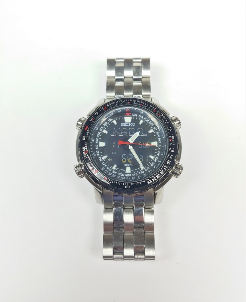 Rare Mens Seiko H023-00G0 Analog Digital GMT World Time Flight Chronograph  St. Steel Watch | Jewelry, Gemstones & Watches Jewelry | Online Auctions |  Proxibid