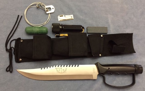 Survival knife with compass,stone,snake bite kit
