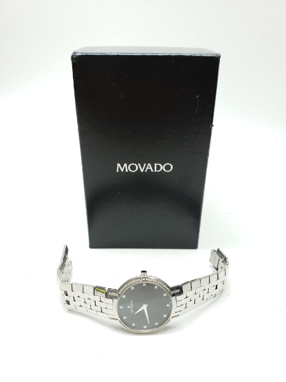 Authentic Mens Movado Faceto Diamond Bezel St. Steel Watch & Box Retail $3495.