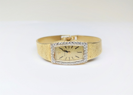 Womens Genuine Rolex 14k Yellow Gold Diamond Manual Wind Watch