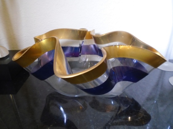Fox Fire glass bowl with gold & purple stripe.
