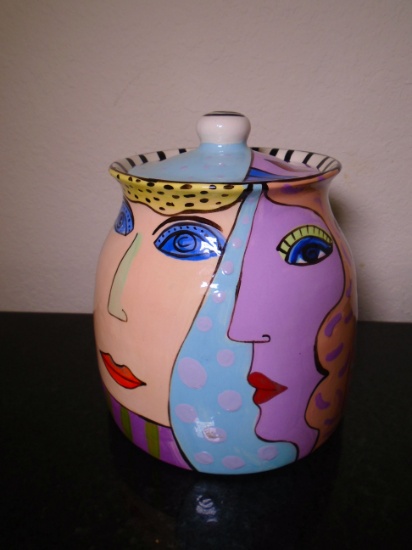 Wendy I Williams colorful ceramic cookie jar with lid.