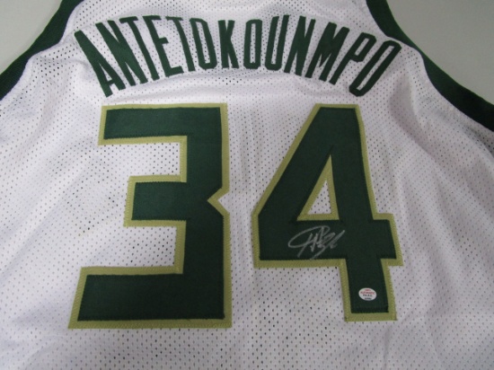 Giannis Antetokounmpo of the Milwaukee Bucks signed white basketball jersey Certified COA 583