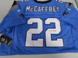 Christian McCaffrey of the Carolina Panthers signed blue football jersey Certified COA 690