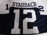 Roger Staubach of the Dallas Cowboys signed blue & white football jersey Certified COA 232